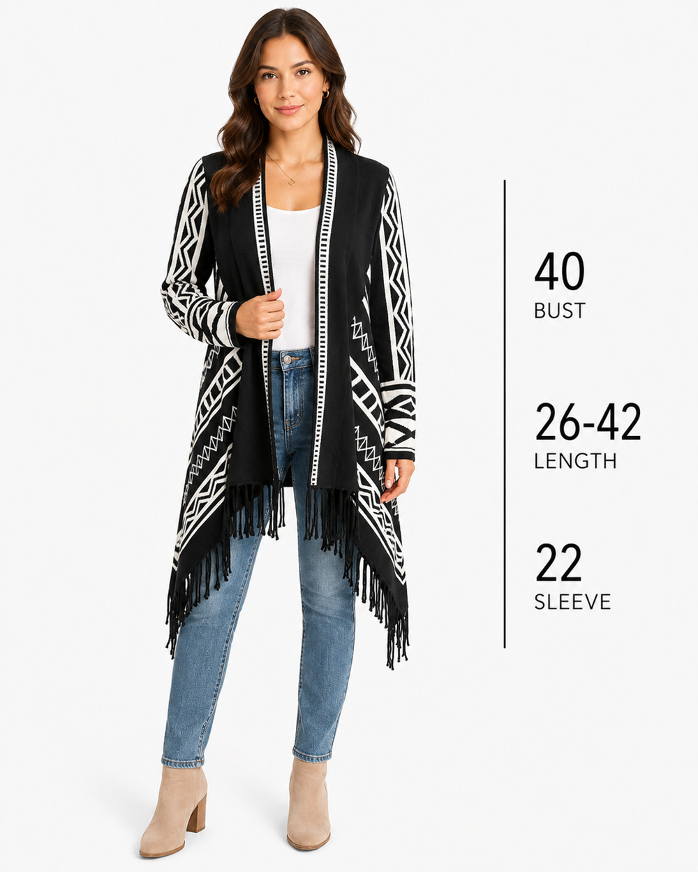 Chicos Womens Black White Poncho Sweater Open Cardigan Fringe Western Boho 1 / M
